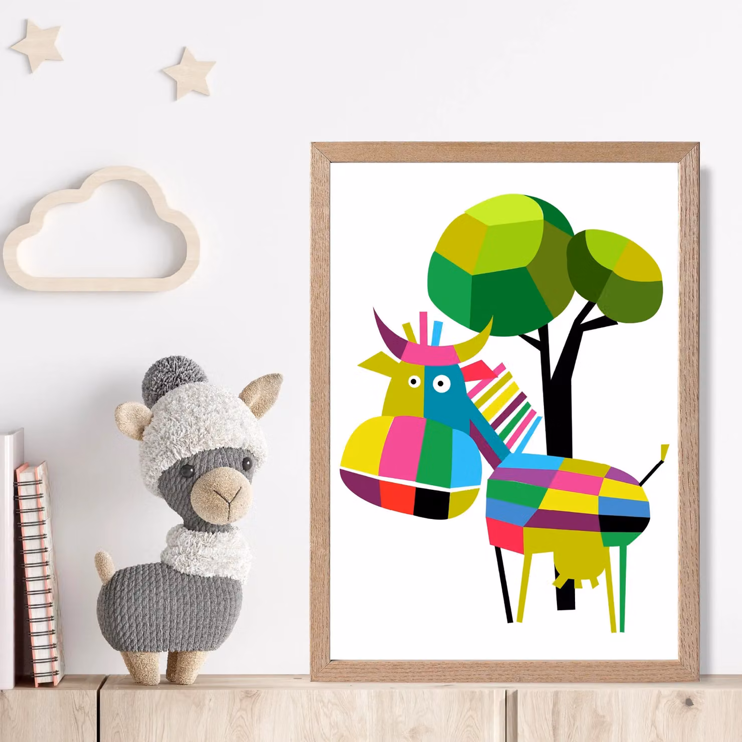 ARTZE Cow Bright Geometric Animal Framed Print in Multicolour with Oak Wood Frame – 2