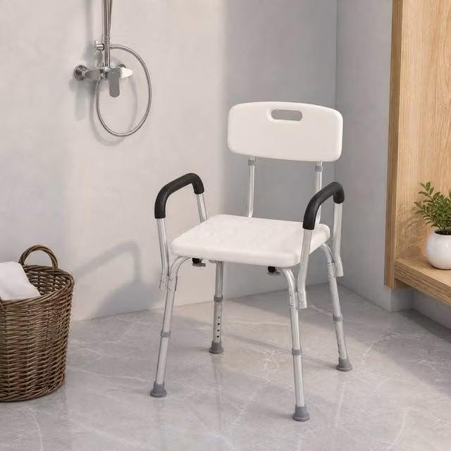 STILVORA Adjustable Shower Chair with Back and Armrests in White – 1