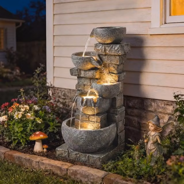 Outsunny 5 Tier Outdoor Cascade Water Fountain with LED Lights in Black Stone Effect