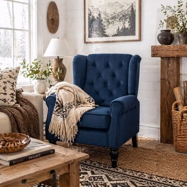 Wyld Haus Rake Retro Wingback Accent Armchair in Blue Velvet with Button Tufting, W/D/H: 86 x 47 x 102 cm – 1