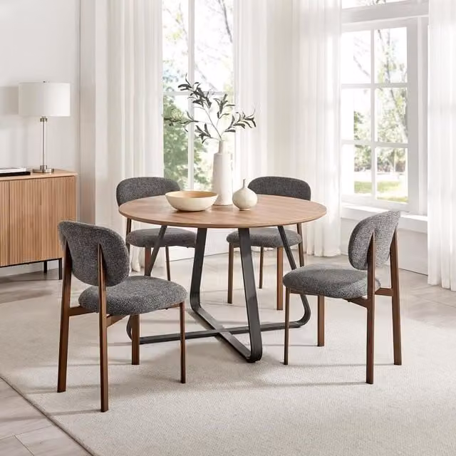 Furniturebox UK Santorini Round Wood Effect Dining Table and 4 Bauhaus Chairs in Grey, Bronze and Brown, Diameter: 120 cm