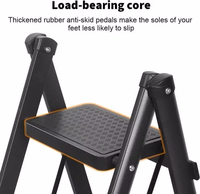 FLAVORA Black 3 Step Steel Folding Ladder with Rubber Feet – 1