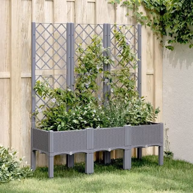 Berkfield Home Garden Planter with Trellis in Blue Grey, W/D/H: 120 x 40 x 142 cm