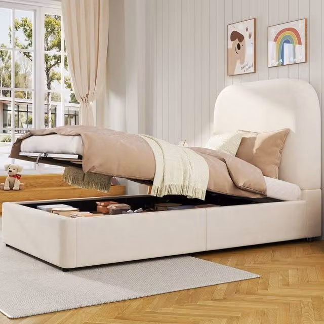 BTM Single Upholstered Hydraulic Storage Bed Frame in Beige Velvet, W/D/H: 90 x 190 cm