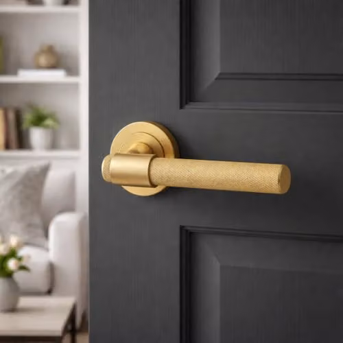 AXS Hardware Dakota Internal Door Handles on Rose, Satin Brass Lever Handle Pair for Wooden Doors with Concealed Fix – 3