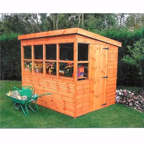 Shires Sun Pent Wooden Garden Potting Shed in Brown with Single Door and Six Windows