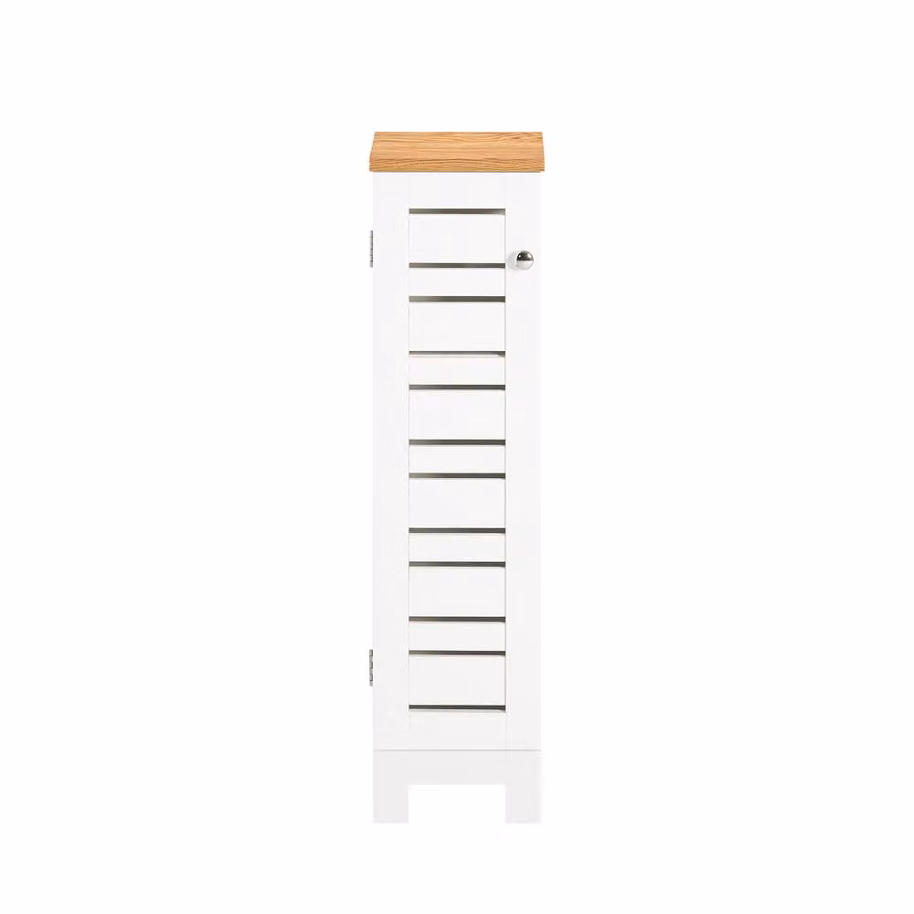 SoBuy Slim White Bathroom Side Cabinet with Oak Top and Hinged Doors – 2