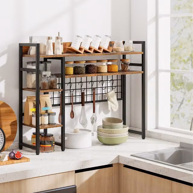 COSTWAY Freestanding Industrial Wood Desktop Display Rack in Brown