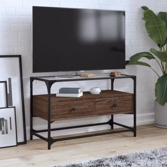 Berkfield Home Industrial TV Cabinet with Glass Top in Brown Oak, W/D/H: 80 x 35 x 51 cm – 1