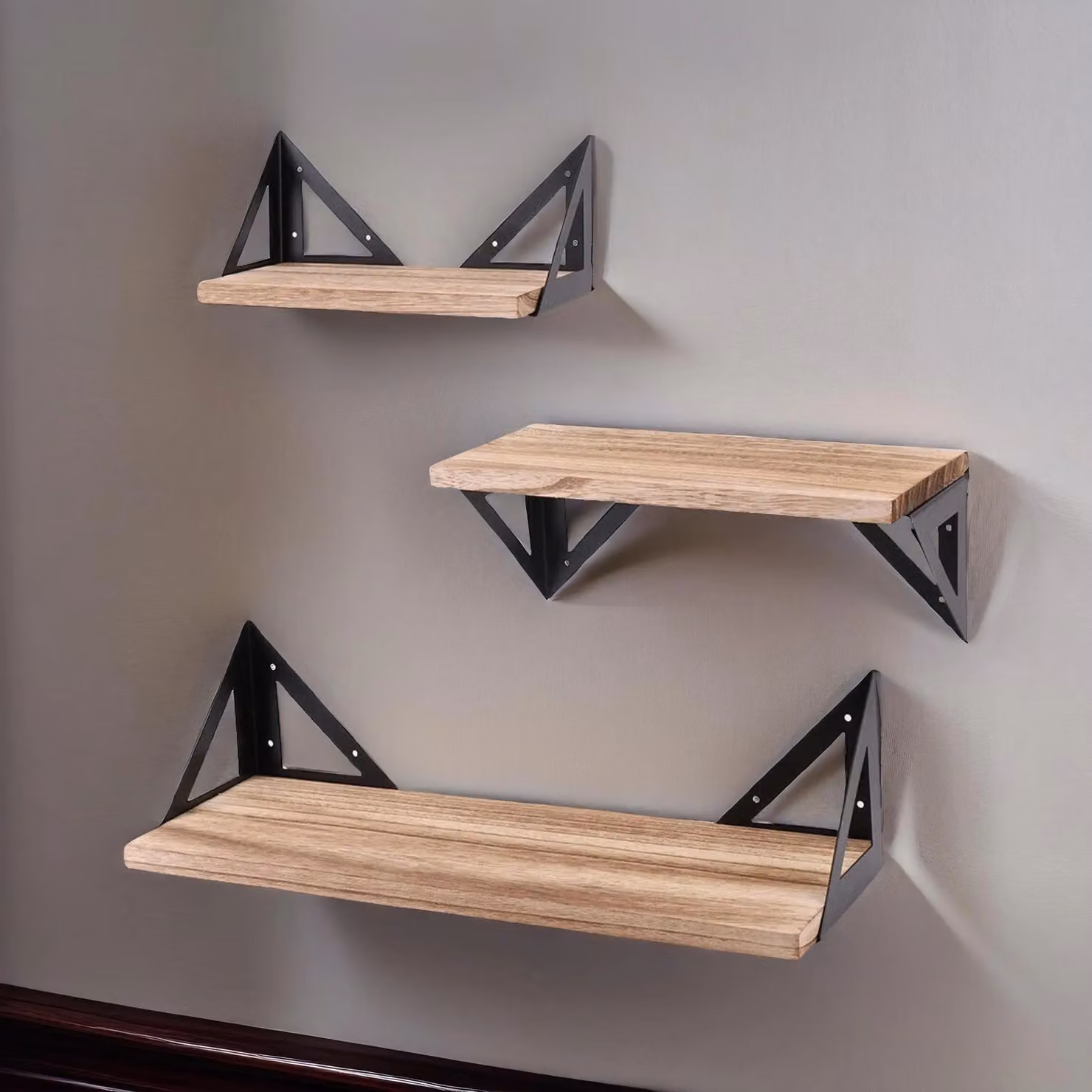 Rafaelo Mobilia Industrial Set of 3 Adjustable Wall Mounted Corner Shelves in Brown with Integrated Lighting – 2