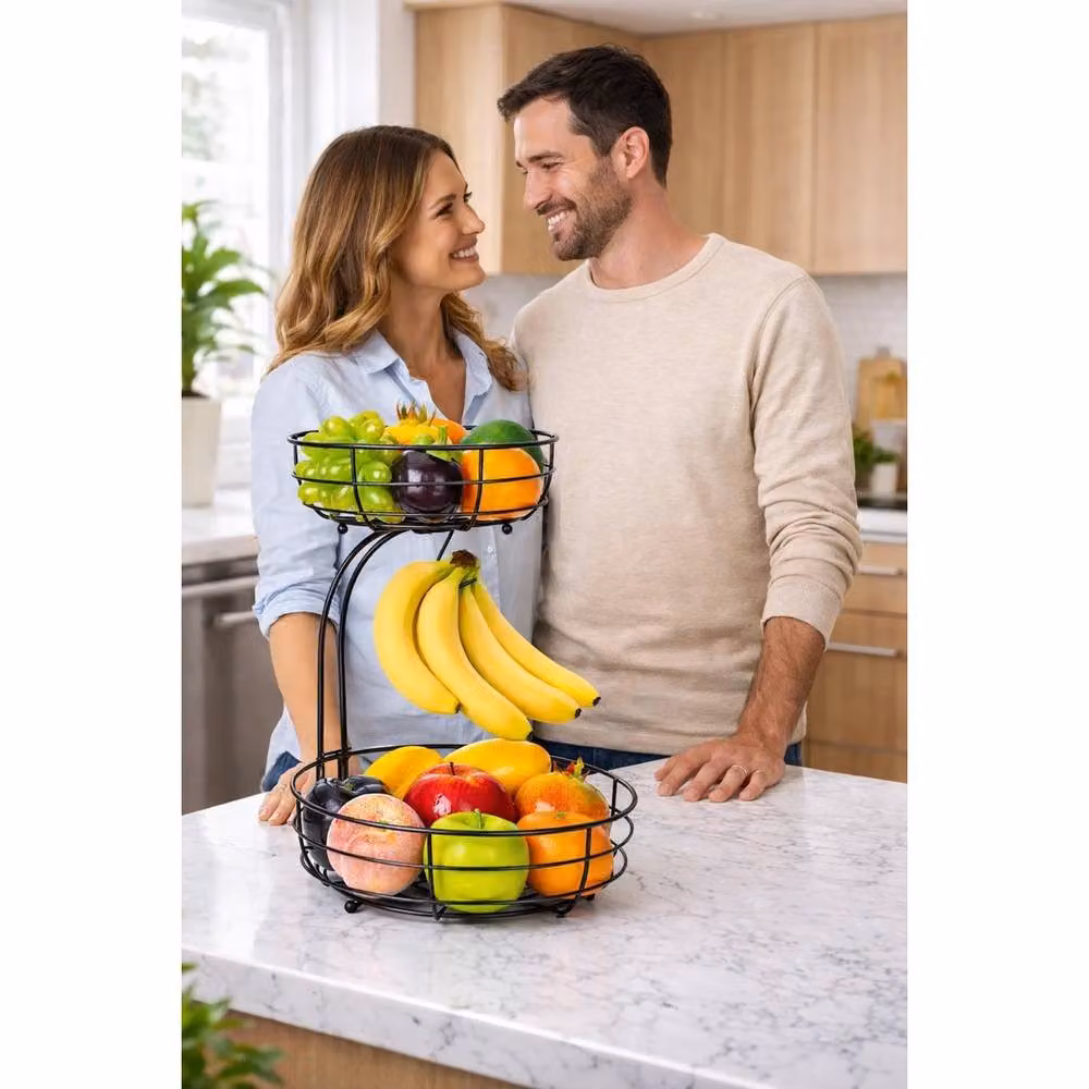Havendro Black 2-Tier Metal Fruit Basket with Banana Hanger – 4