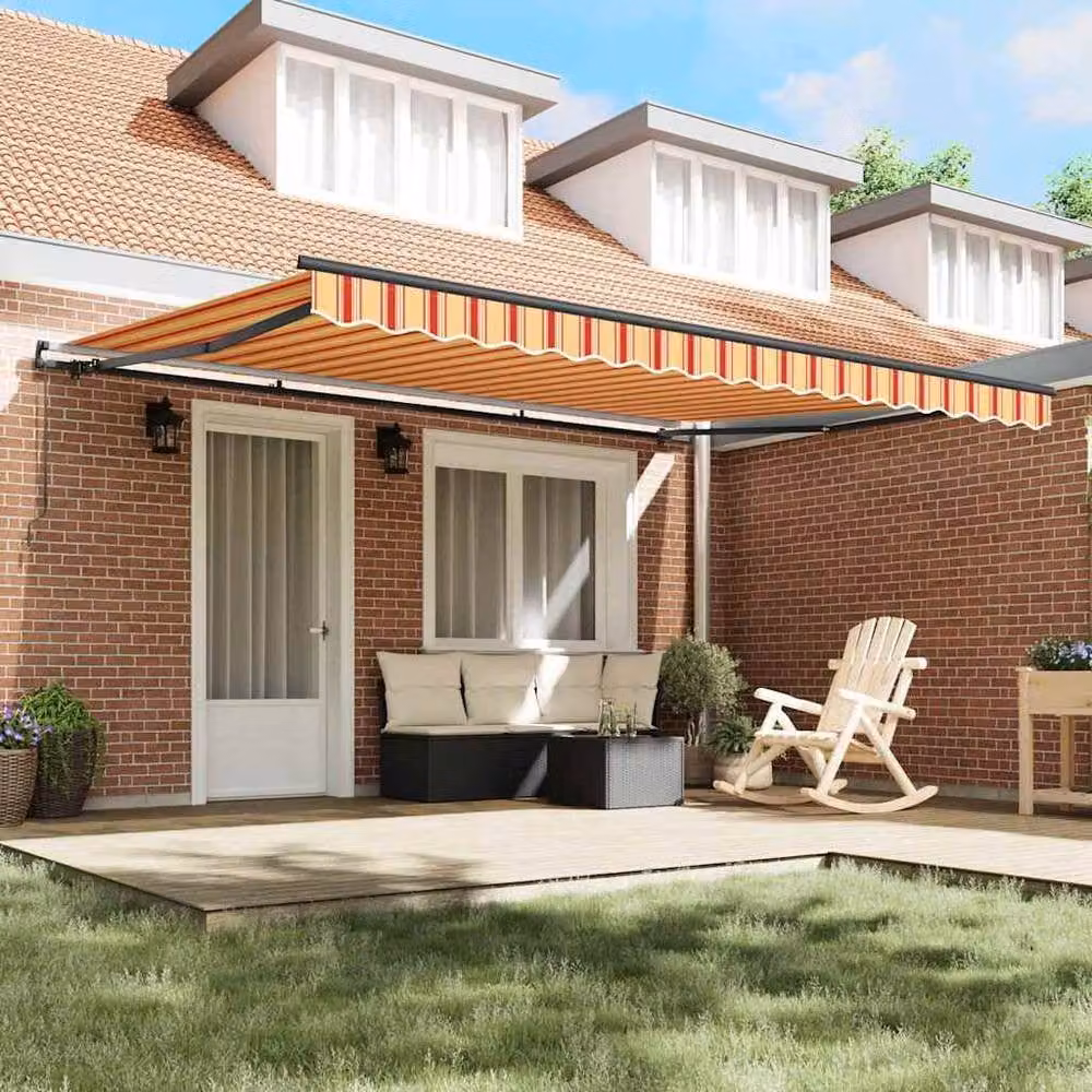 Berkfield Home Manual Retractable Wall-Mounted Folding Arm Awning in Yellow and Orange, W: 450 cm, D: 350 cm – 3