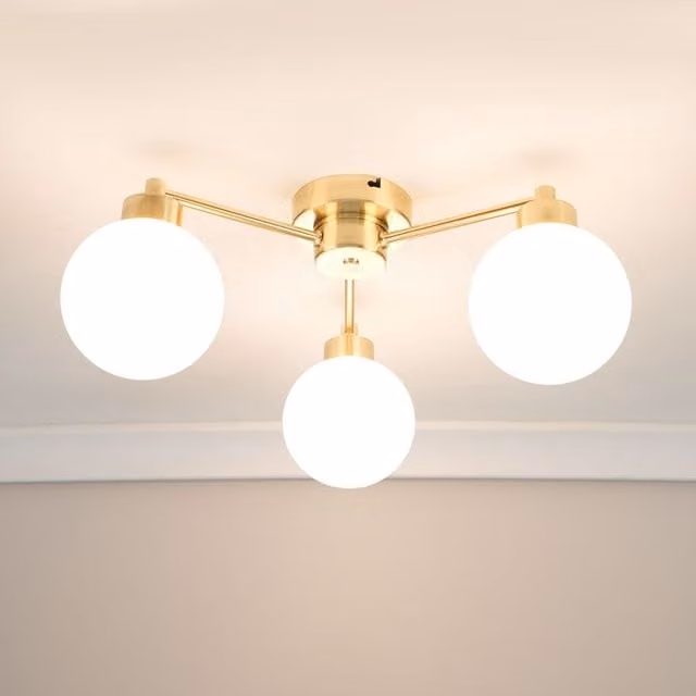 ValueLights Jonah 3 Arm Globe Ball Shade Flush Ceiling Light in Gold with LED Bulbs