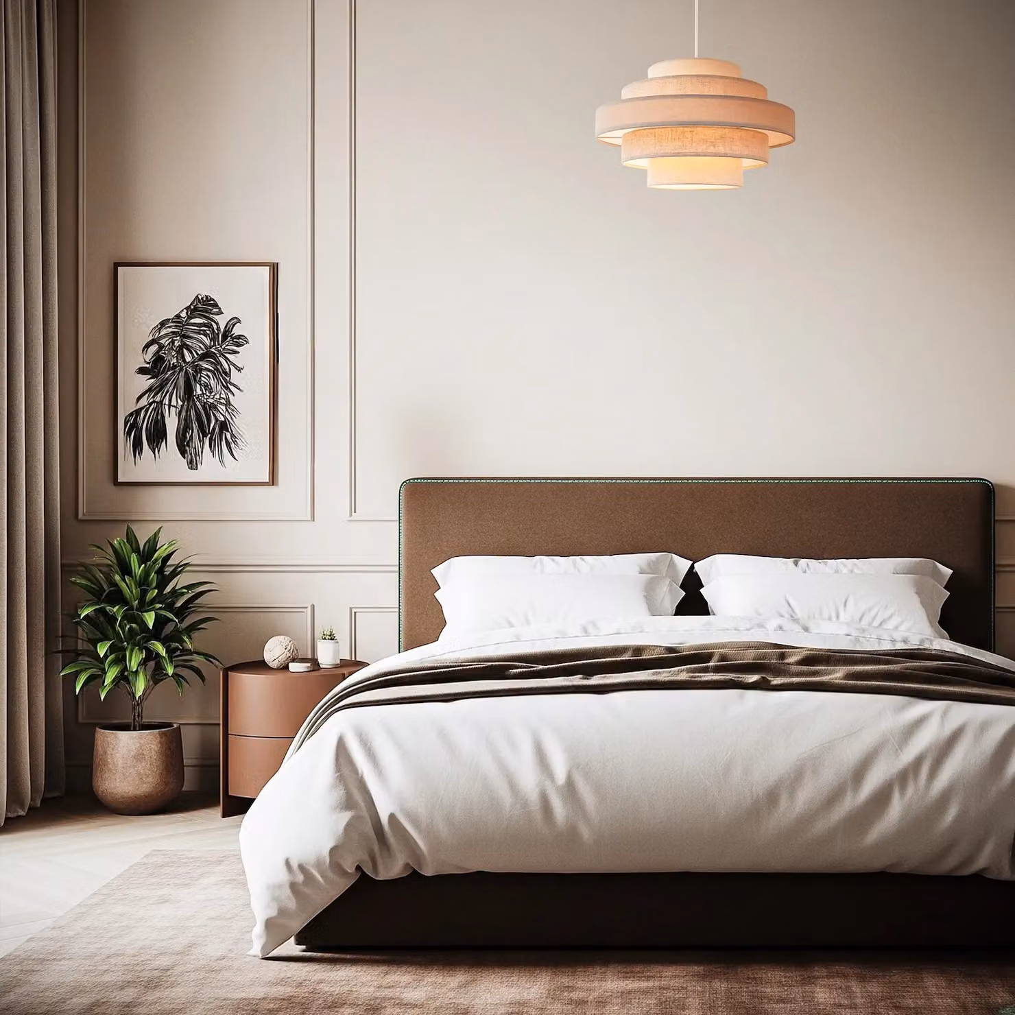 Happy Homewares Contemporary Round Triple Tier Cotton Fabric Pendant Light Shade in Beige – 2