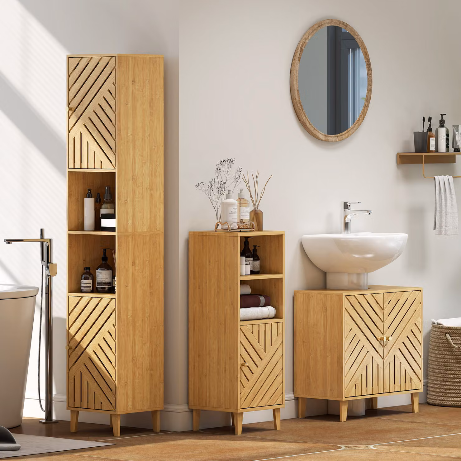 HOMCOM Multi-Storage Bamboo Bathroom Cabinet in Brown with Hinged Doors and Internal Shelves, H: 170 cm, W: 32 cm, D: 14.5 cm – 4