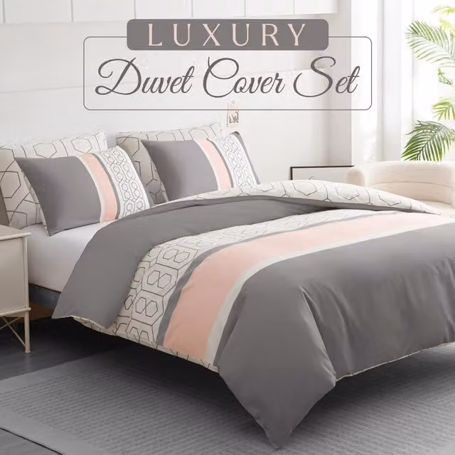 Pamposh Single Microfibre Duvet Cover and Pillowcase Set in Grey and White Striped Design, W: 90 cm x L: 200 cm
