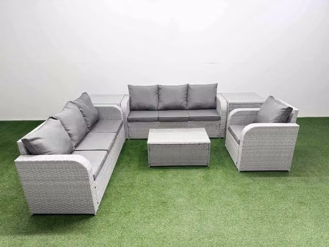 Fimous 7 Seater Poly Rattan Garden Furniture Set in Light Grey with 3 Seater Sofas, Reclining Chairs, and 2 Side Tables