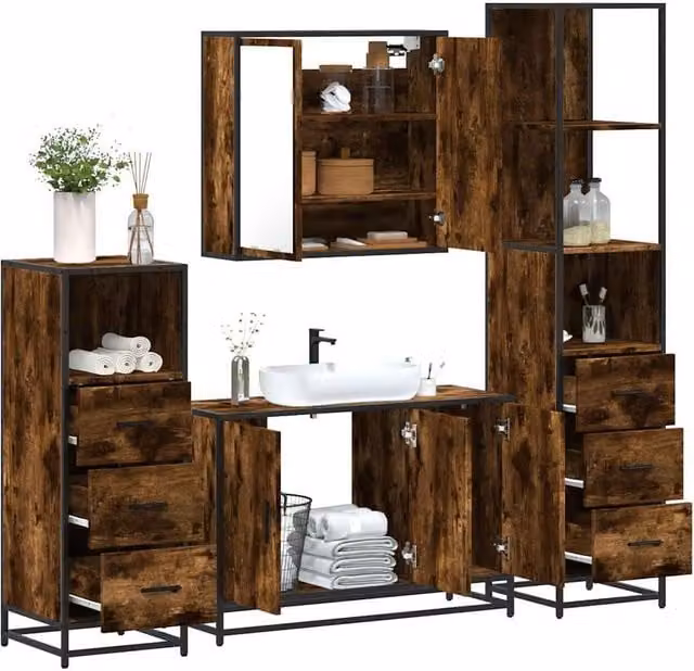 Berkfield Home 4-Piece Industrial Bathroom Furniture Set in Smoked Oak and Brown – 1