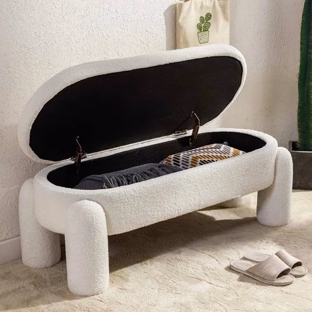 KORVIXA White Bouclé Upholstered Cylindrical Ottoman Storage Bed End Stool, W/D/H: 100 x 100 x 100 cm – 3