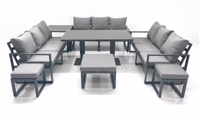 Fimous 12 Seater Garden Sofa Set with Height Adjustable Dining Table, Side Table and 3 Footstools in Dark Grey Powder Coated Aluminium
