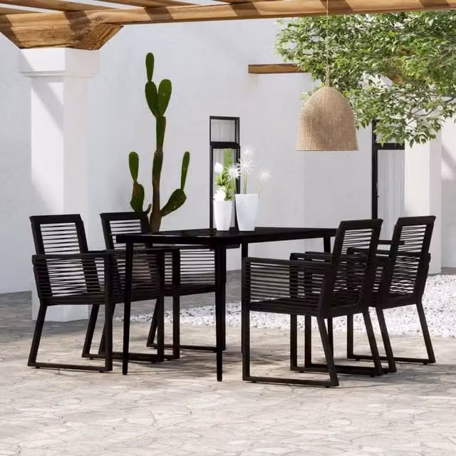 Berkfield Home 5 Piece Modern Garden Dining Set in Black Metal, Glass and Rattan