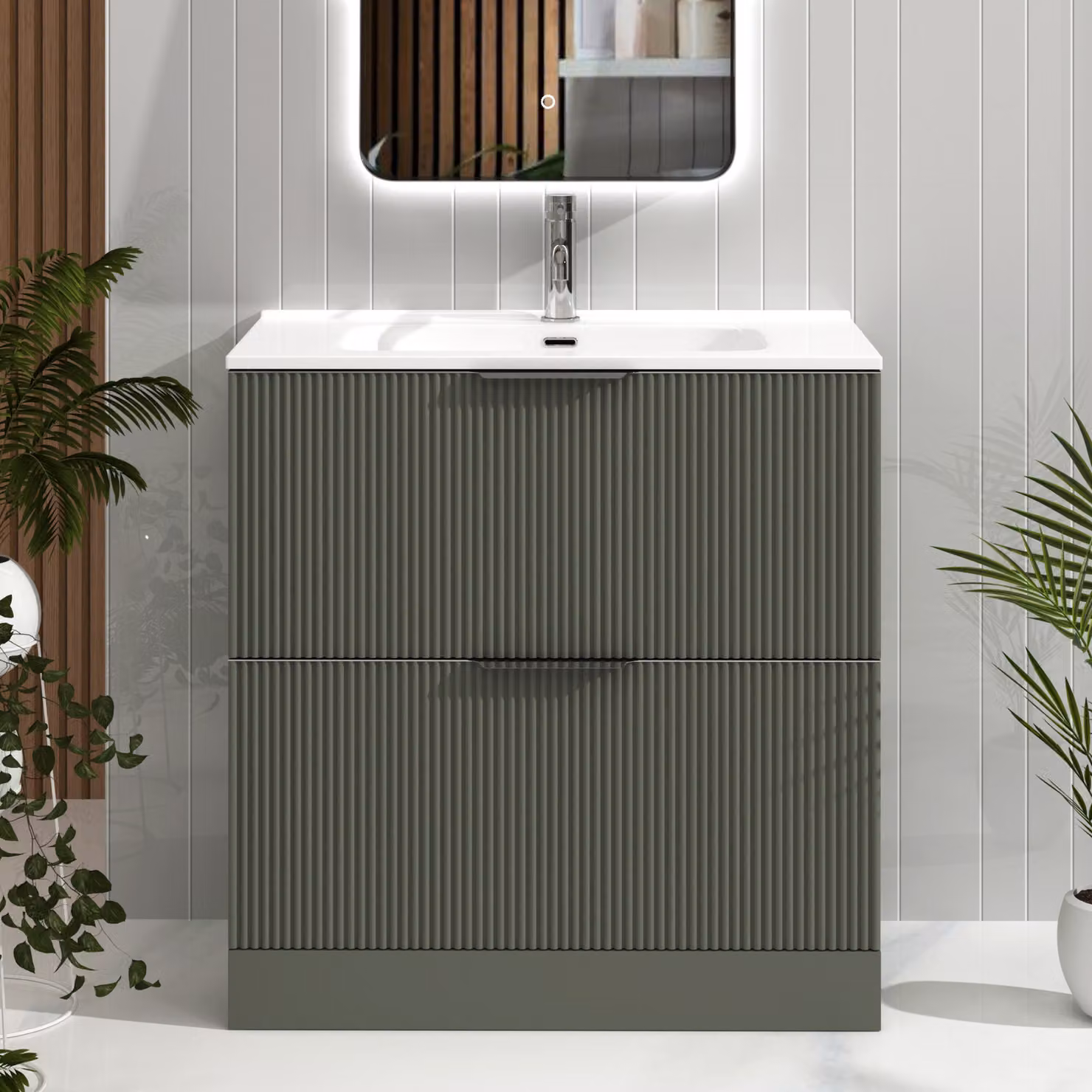 Royal Bathrooms Evora 800mm Sage Green Fluted Floor Standing Vanity Unit with 2 Drawers and Ceramic Basin