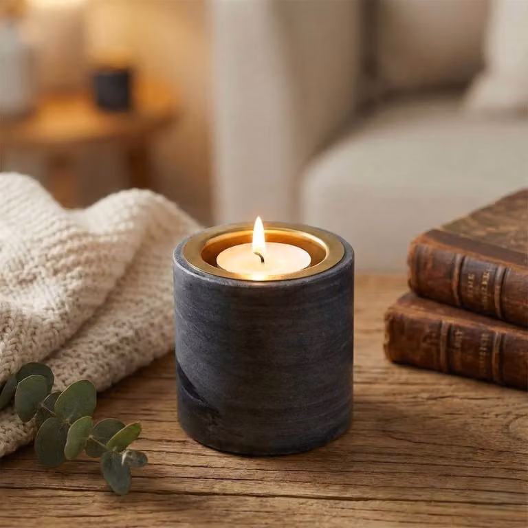 EONLION Modern Round Natural Marble and Metal Tealight Candle Holders in Grey, Black and Gold, Set of 2