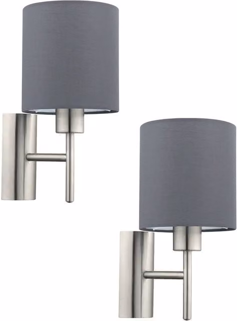 Loops 2 Pack Modern Wall Lights with Grey Fabric Shades and Satin Nickel Metal Finish, E27 Rocker Switch – 1