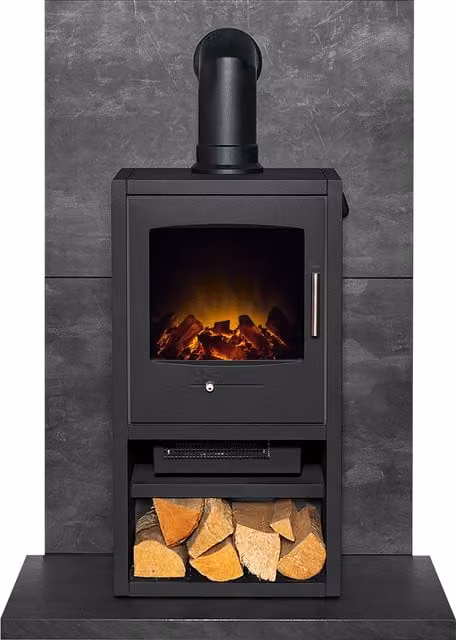 Acantha Tile and Hearth Set in Grey Slate Venetian Plaster Effect with Bergen XL Stove and Angled Pipe