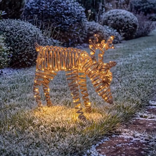 Charles Bentley Small Rattan Light Up Reindeer Decoration in Brown with Micro LED Lights and Timer Feature, Height: 60 cm – 1