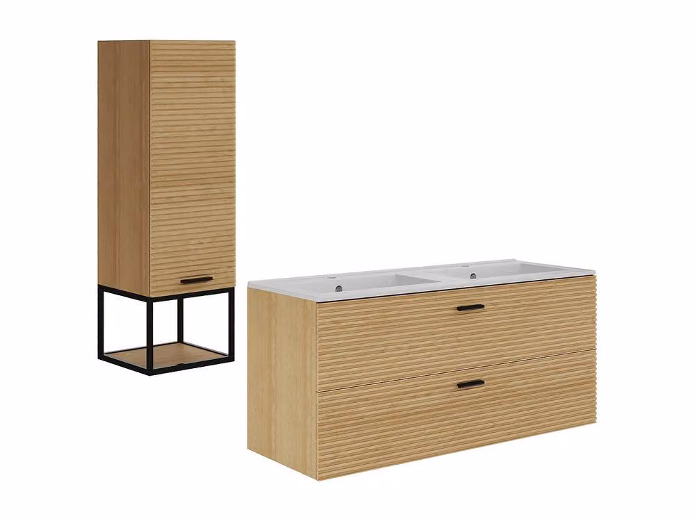 Vente-unique Fluted Wall-Hung Bathroom Vanity Unit with Inset Basin and Tall Cabinet in Light Oak – 2