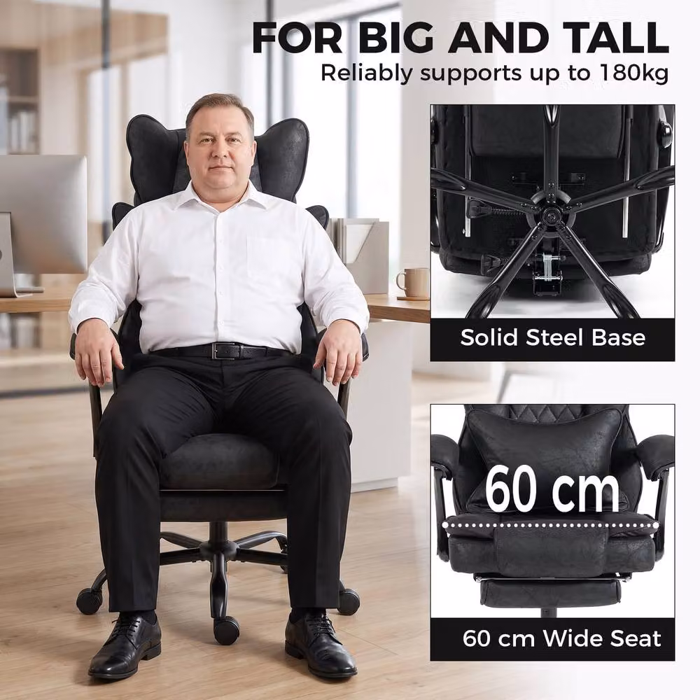 HOMCOM Executive Big and Tall Office Chair in Black Synthetic Leather with Headrest and Lumbar Support – 4