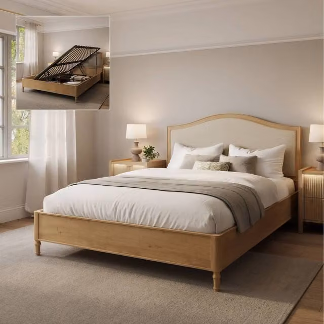 XR Living Emy French Style Wooden Shadow Ottoman Bed in Oak and Natural, King Size