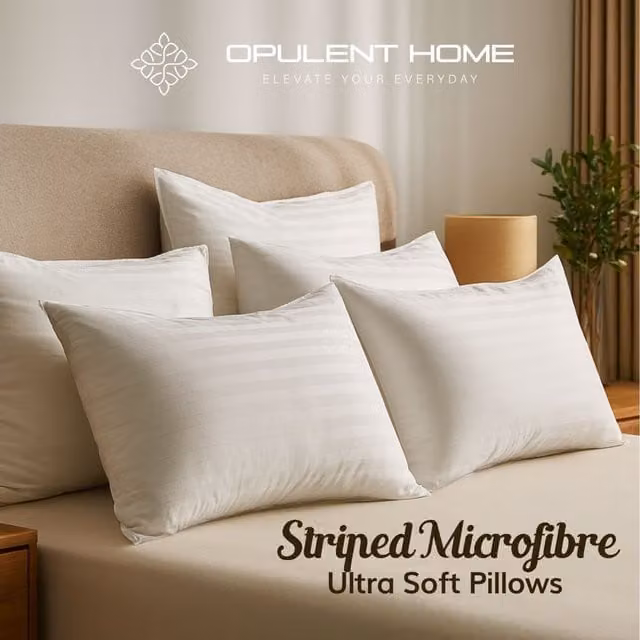 Opulent Home Striped Microfibre Hotel Quality Pillow, White, Set of 4, Medium Support, Breathable and Allergy Friendly