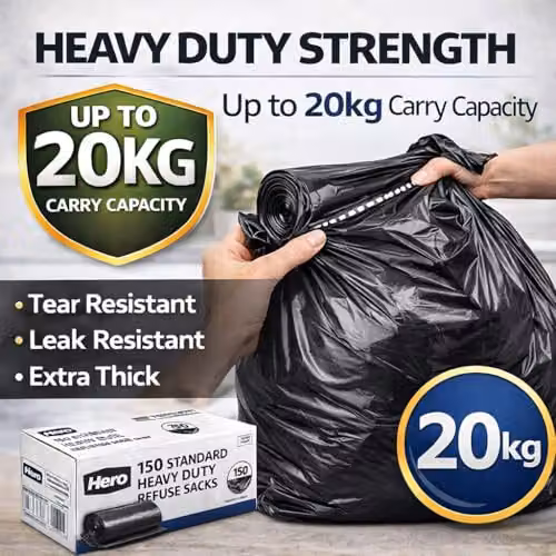Hero Heavy Duty Recycled Black Bin Bags, 75L, Pack of 150 – 3