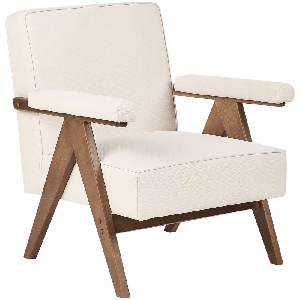 Wyld and Coco Light Beige Linen Look Fabric Armchair with Solid Rubberwood Frame and Pillow Top – 2