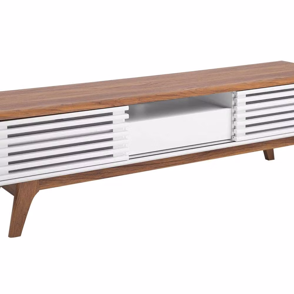 Wyld and Coco Retro 67 inch TV Stand in White and Dark Brown with Five Shelves and Drawers – 2