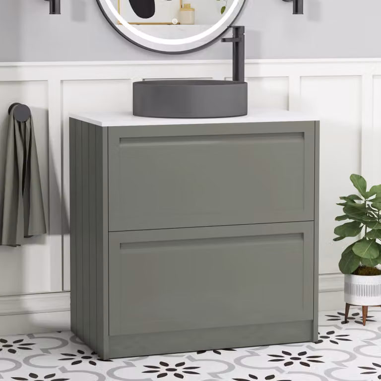 Royal Bathrooms Elmore 800mm Floor Standing Vanity Unit in Matt Green with 2 Drawers, Plain White Worktop and Art Round Basin