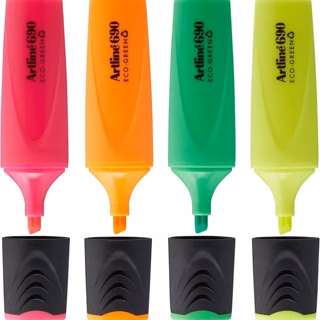 Artline Eco-Green Chisel Tip Highlighter Pack of 4 in Assorted Colours