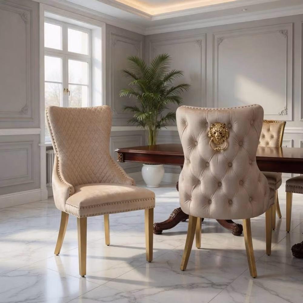 Home Luxe Interior Set of 2 Mink Victoria Dining Chairs in Beige Velvet with Gold Metal Legs – 3