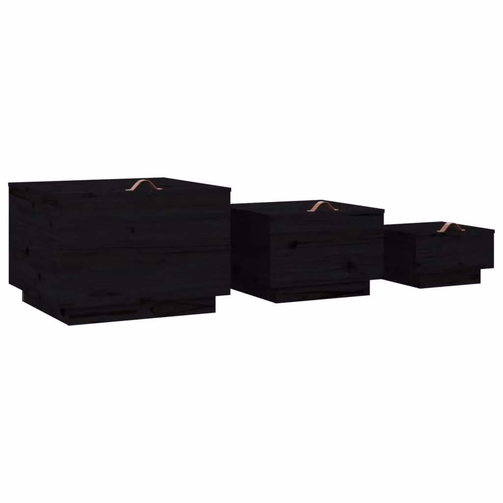 Berkfield Home Set of 3 Black Solid Pine Wood Storage Boxes with Lids – 4