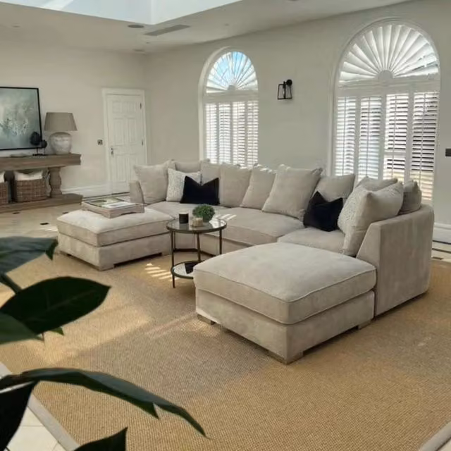 Home & Love Paris Bishop U Shape Cinema Corner Sofa in Beige with Scatter Cushions and Matching Ottoman – 1