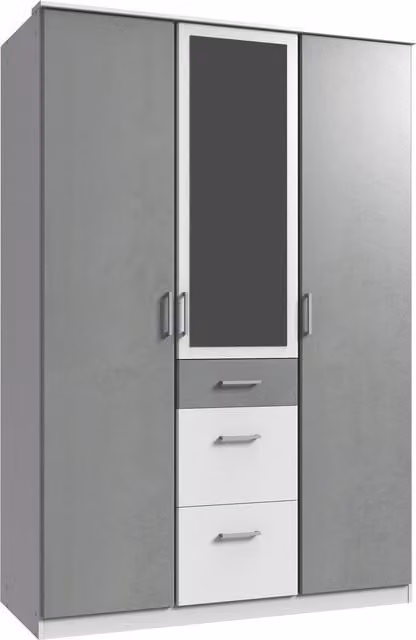 Tjs Click Modern 3 Door Wardrobe in White and Grey with Mirror and Integrated Drawers