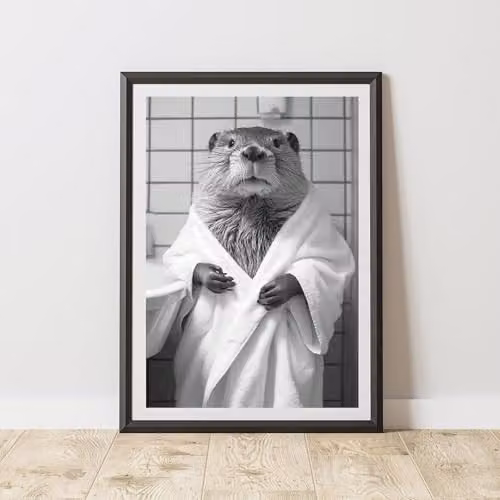 60 Second Makeover Beaver Bathrobe Animal Print Paper Poster, Black and White, W/H: 21.0 x 29.7 cm
