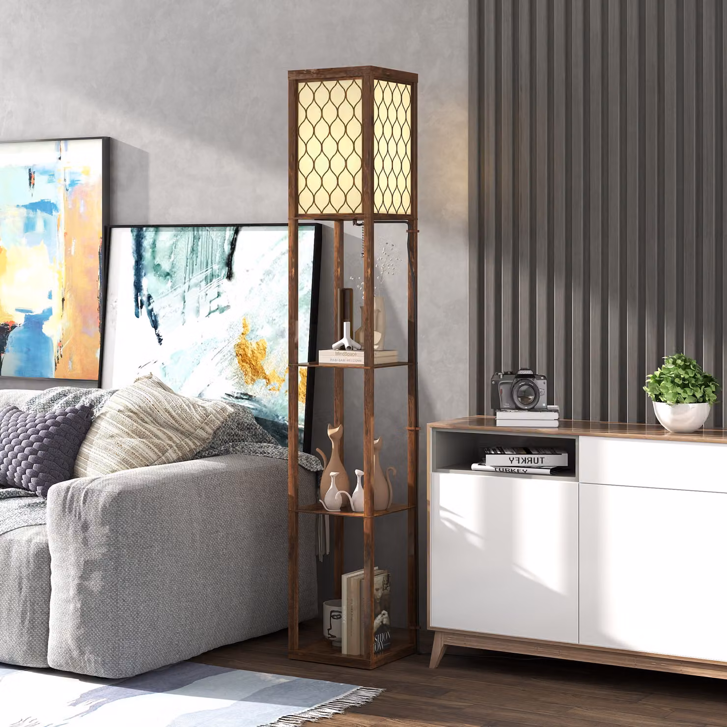 HOMCOM Three-Shelf Standing Floor Lamp in Rustic Brown and White – 6