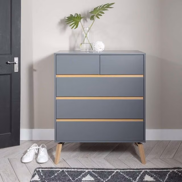 Otto 5 Drawer Chest of Drawers in Grey and White Pine Wood