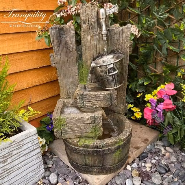 Tranquility Ancient Bucket Tap Traditional Solar Water Feature, Grey, Round Freestanding Cascade