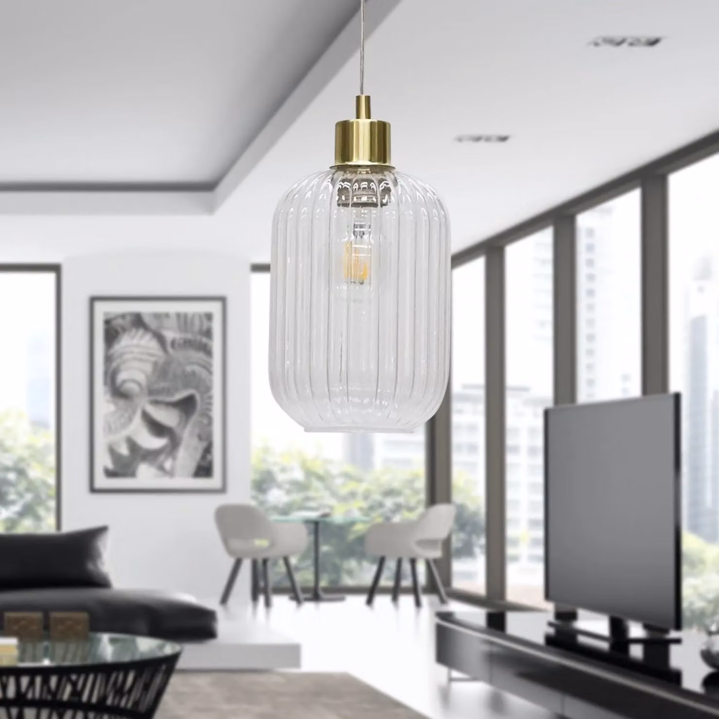 First Choice Lighting Batley Set of 2 Pendant Lights with Transparent Ribbed Glass and Satin Brass Fittings – 3