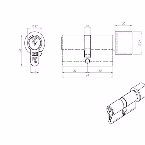 Loops 64mm Euro Cylinder and Thumbturn Lock with Knob, 10 Pin, Satin Chrome Silver – 2
