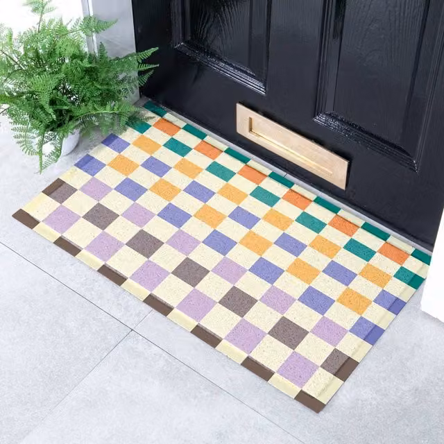 Artsy Mats Elizabeth Olwen Check Fade Indoor/Outdoor Doormat in Beige and Multicolour, W/D/H: 70 x 40 cm